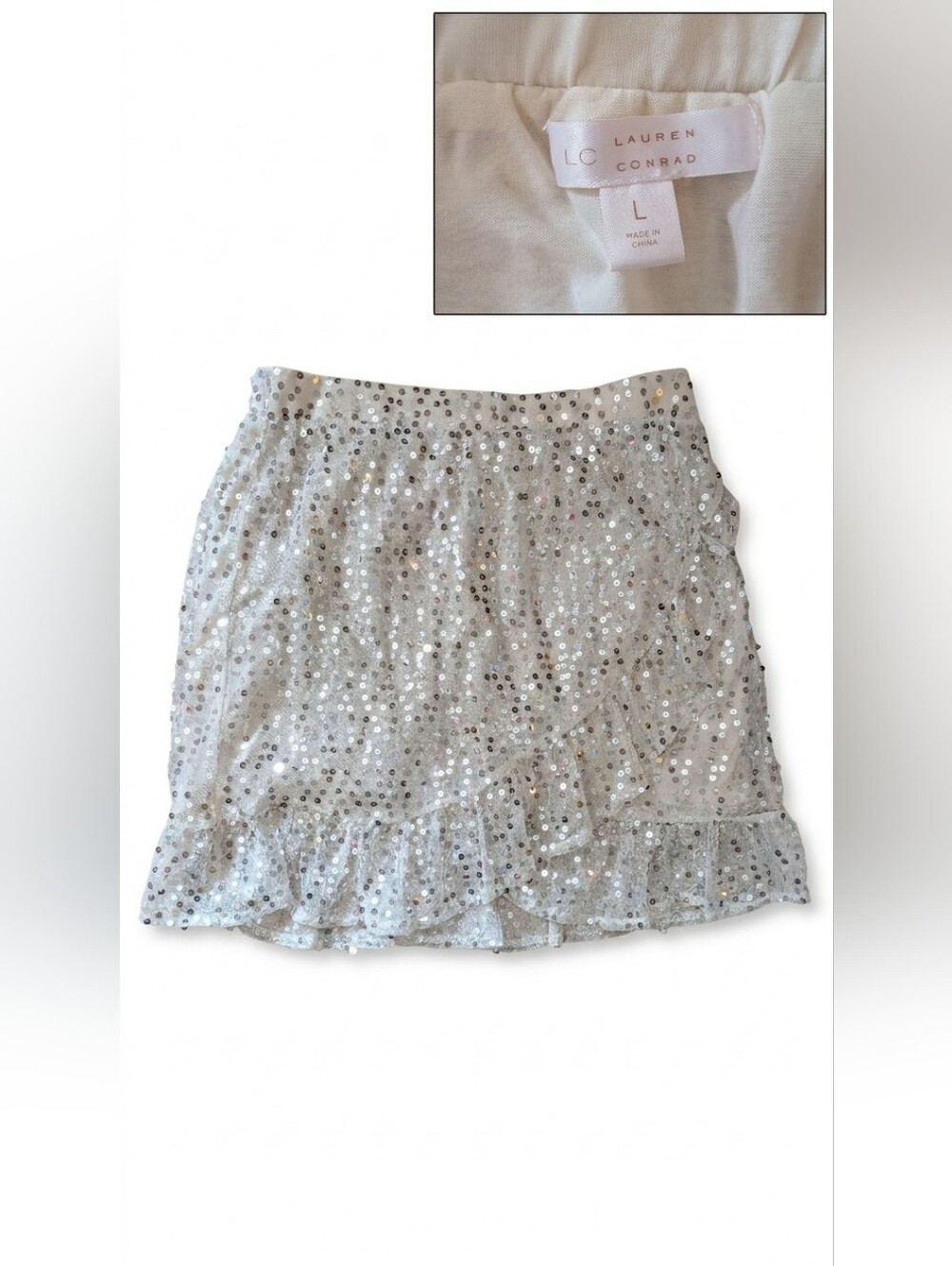 LC Lauren Conrad Silver Sequin Ruffle Mini Skirt - Size Large
